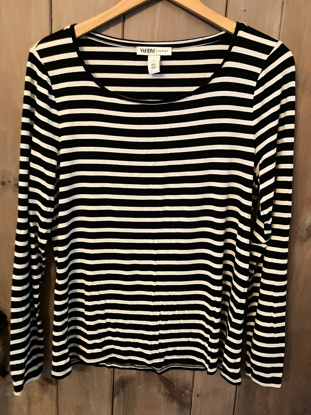 White House Black Market Black and White Striped Long-Sleeve Scoop Neck Top
